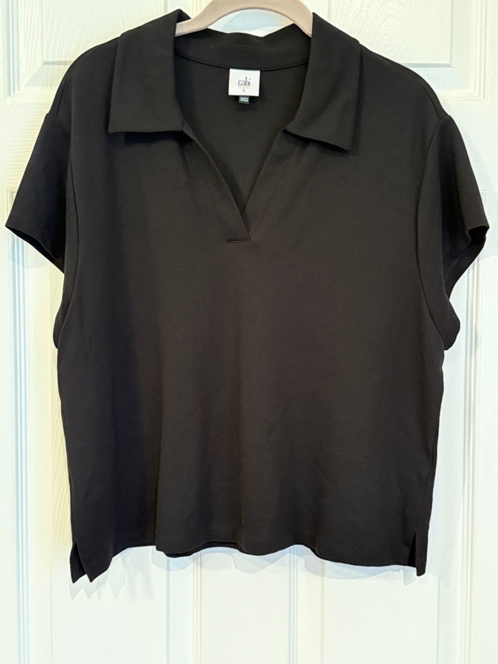 CAbi Black Collared Short Sleeve V-Notch Top